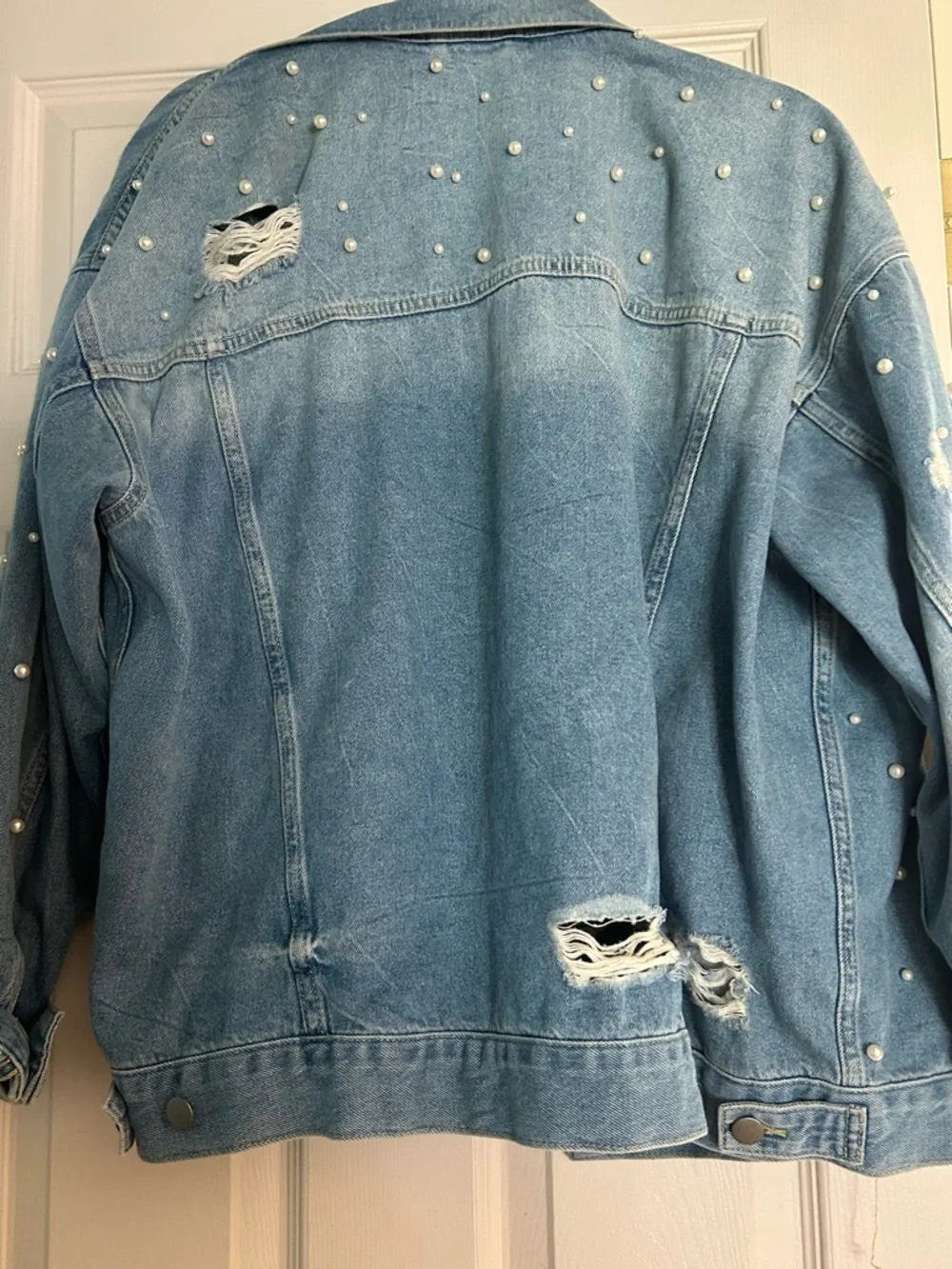 Free People Pearl-Embellished Denim Jacket With Distressing. Oversize fit. - Picture 6 of 8